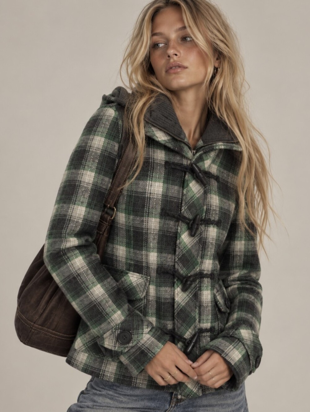 Y2K Delias Emma Hooded Green Plaid Toggle Button Wool Blend Jacket Medium NEW